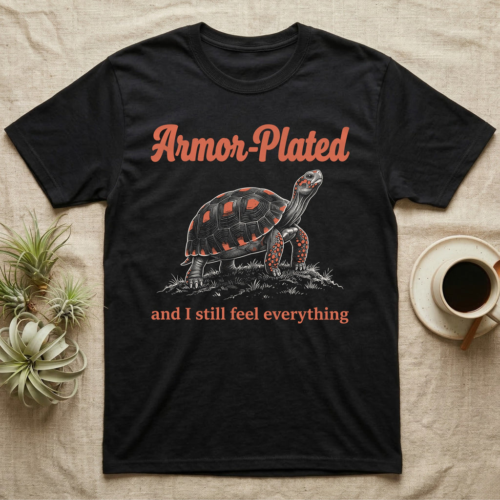 Red-Foot Tortoise Armor T-Shirt in Black — White-line engraving of a red-footed tortoise on tiptoe under orange Armor-Plated script and a serif line