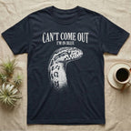 Corn Snake Shed T-Shirt in Navy — Gritty white print of a corn snake head with milky pre-shed eyes under CAN'T COME OUT, I'M IN BLUE, on black
