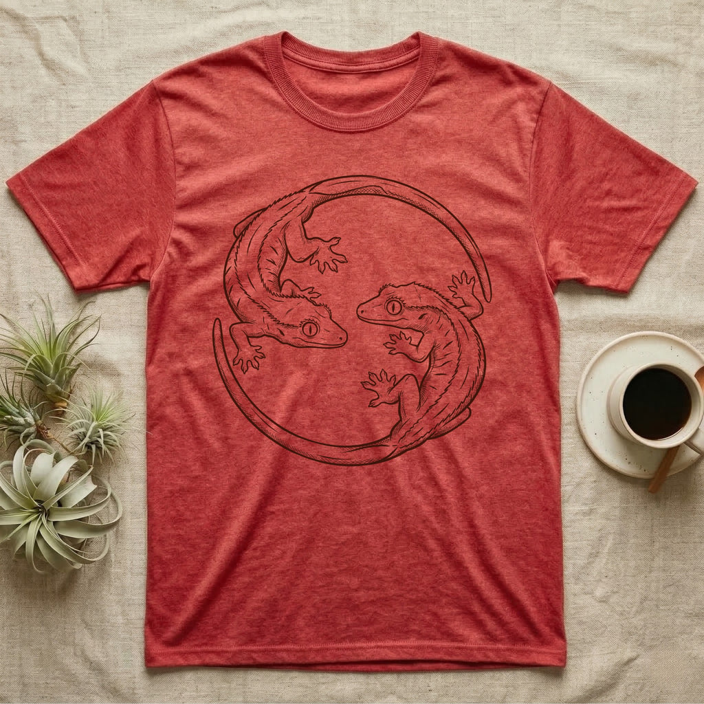 Crested Gecko Roundel T-Shirt in Heather Red — Two crested geckos in mahogany brush line art, rotated 180 degrees into a circular roundel closed by their own tails.