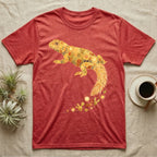 Uromastyx Solar Loaf T-Shirt in Heather Red — Warm watercolour mosaic of a basking uromastyx lizard made of tiny suns, cacti and sand on grey
