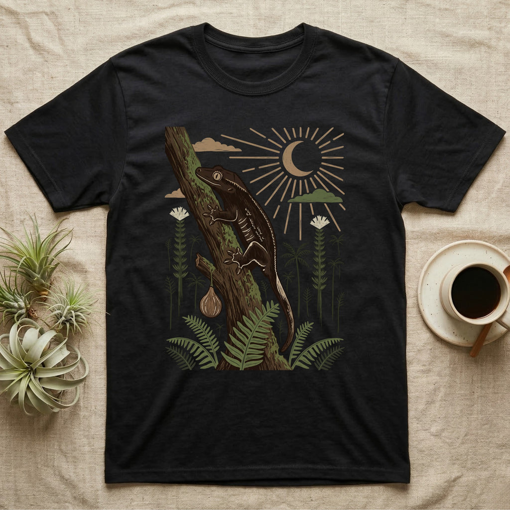 Crested Gecko Home Range T-Shirt in Black — Woodcut-style illustration of a crested gecko clinging head-up to a mossy rainforest trunk among tree ferns, no on-shirt text.