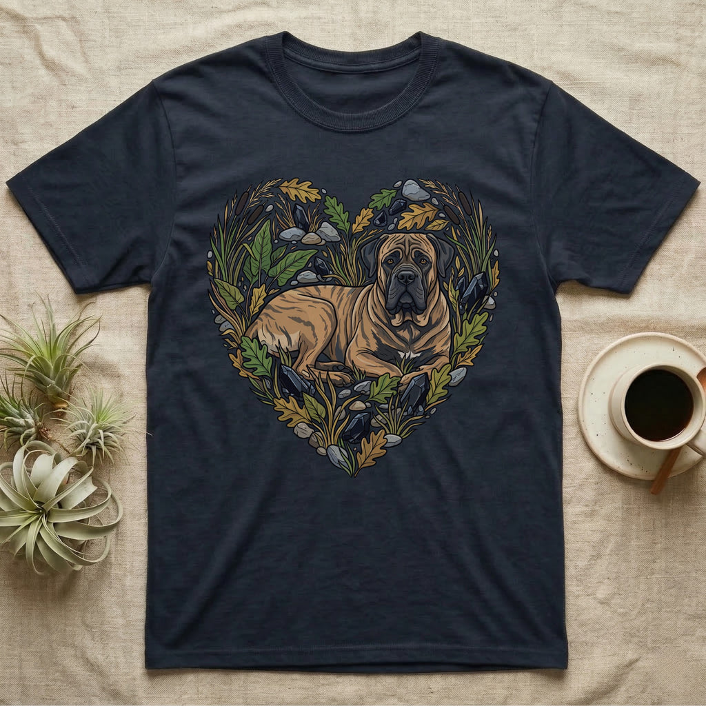T-shirt with Mastiff in heart-shaped floral and stone design.
