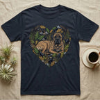 T-shirt with Mastiff in heart-shaped floral and stone design.