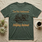 Leaf-Tailed Gecko Display T-Shirt in Military Green — Engraved satanic leaf-tailed gecko on a branch staring out, with the words I'm Not Antisocial, I'm a Display Animal