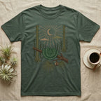 Green Tree Python Home Range T-Shirt in Military Green — Woodcut-style illustration of a green tree python coiled in a saddle over a branch with palms and tall trunks behind, no on-shirt text.