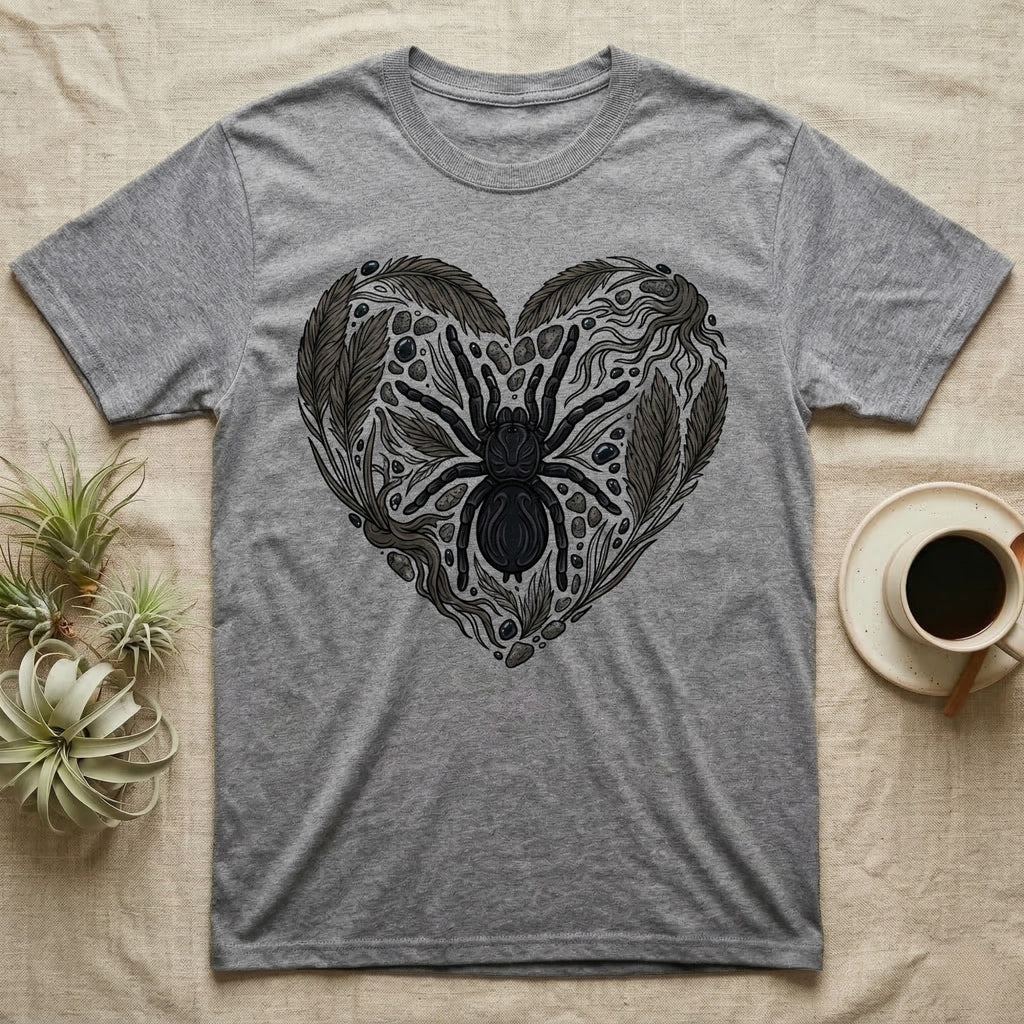 Grey t-shirt with a black spider and feather heart design.