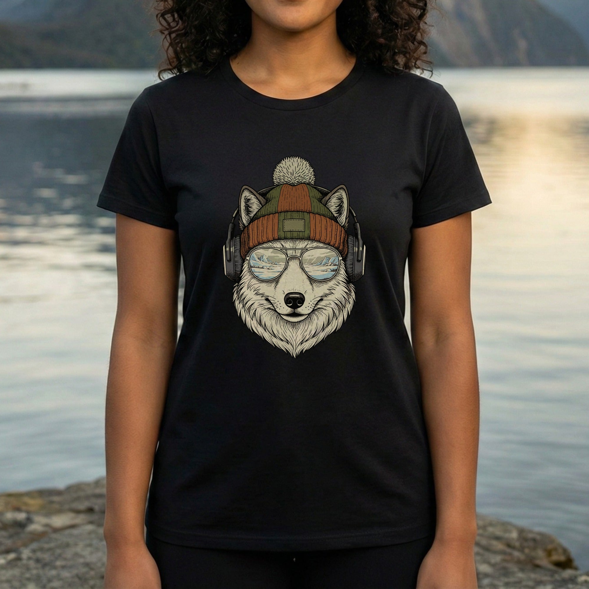 Fashionable Wolf with Beanie and Headphones T-Shirt