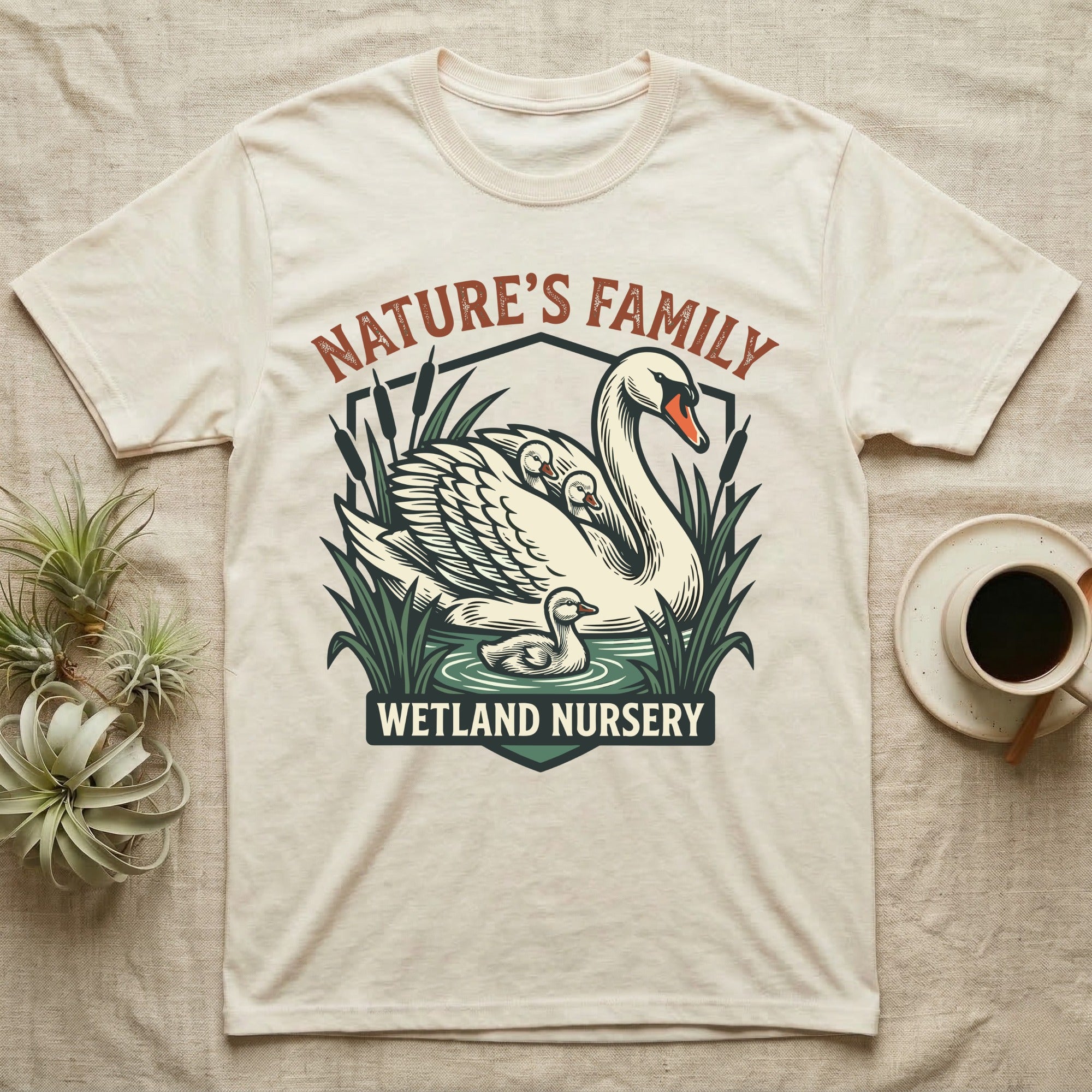 T-shirt design featuring a swan family in a wetland nursery.