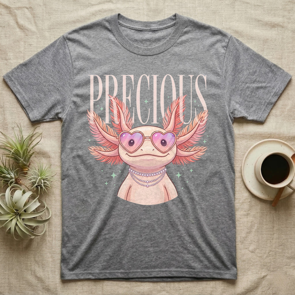 Gray t-shirt featuring a smiling axolotl wearing heart sunglasses and a pearl necklace.