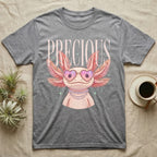Gray t-shirt featuring a smiling axolotl wearing heart sunglasses and a pearl necklace.