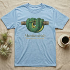 Light blue t-shirt with green python coiled on a branch, "Morelia viridis" text.