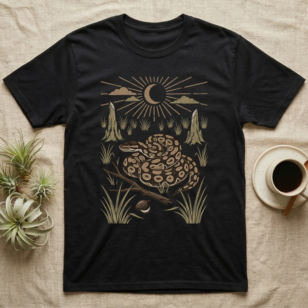 Ball Python Home Range T-Shirt in Black — Woodcut-style illustration of a ball python coiled on dry savanna ground with grass tufts and termite mounds behind, no on-shirt text.