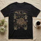 Ball Python Home Range T-Shirt in Black — Woodcut-style illustration of a ball python coiled on dry savanna ground with grass tufts and termite mounds behind, no on-shirt text.