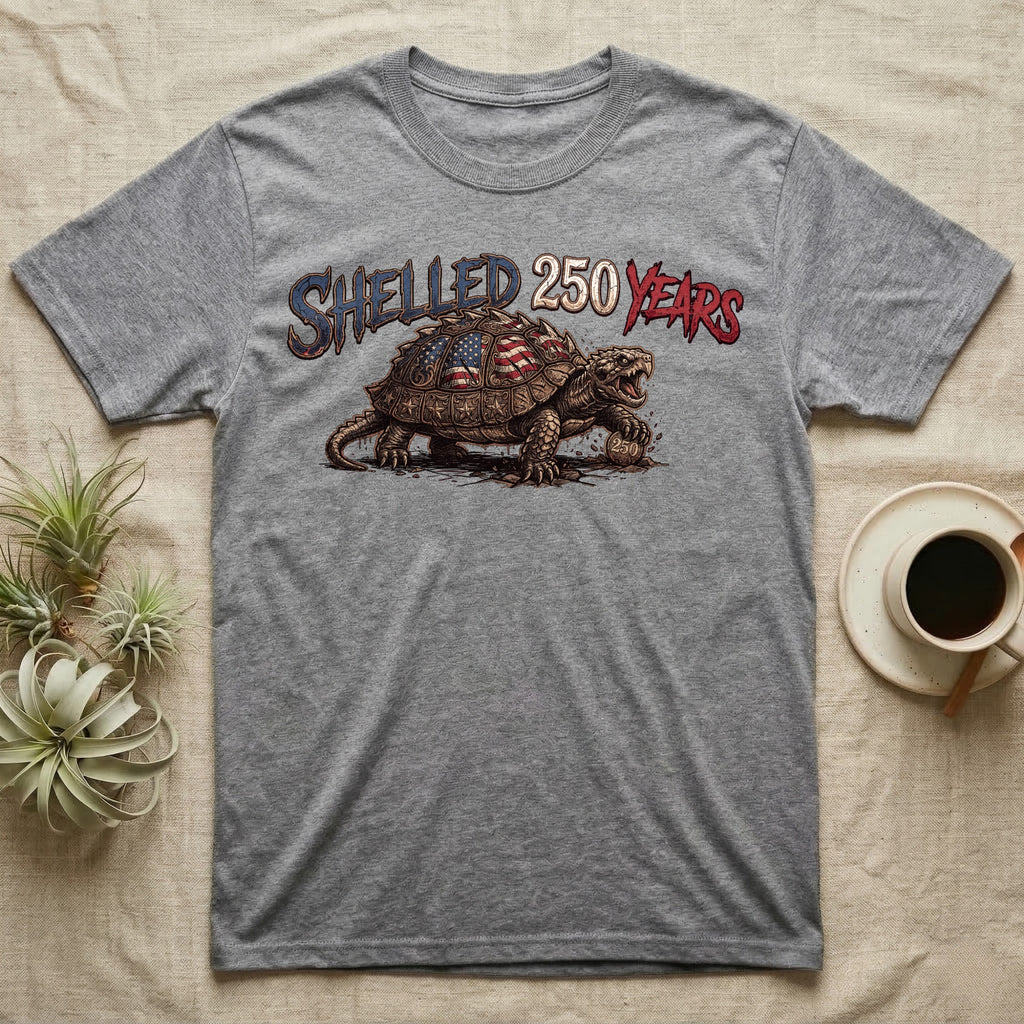 Snapping Turtle 250 T-Shirt in Sport Grey — Gritty woodcut alligator snapping turtle with a flag-etched shell on a 250 coin under text Shelled 250 Years.