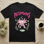 Axolotl Feral T-Shirt in Black — Smiling pink axolotl floating in a pastel underwater scene under a spiky hot-pink metal wordmark reading RESPAWNS.