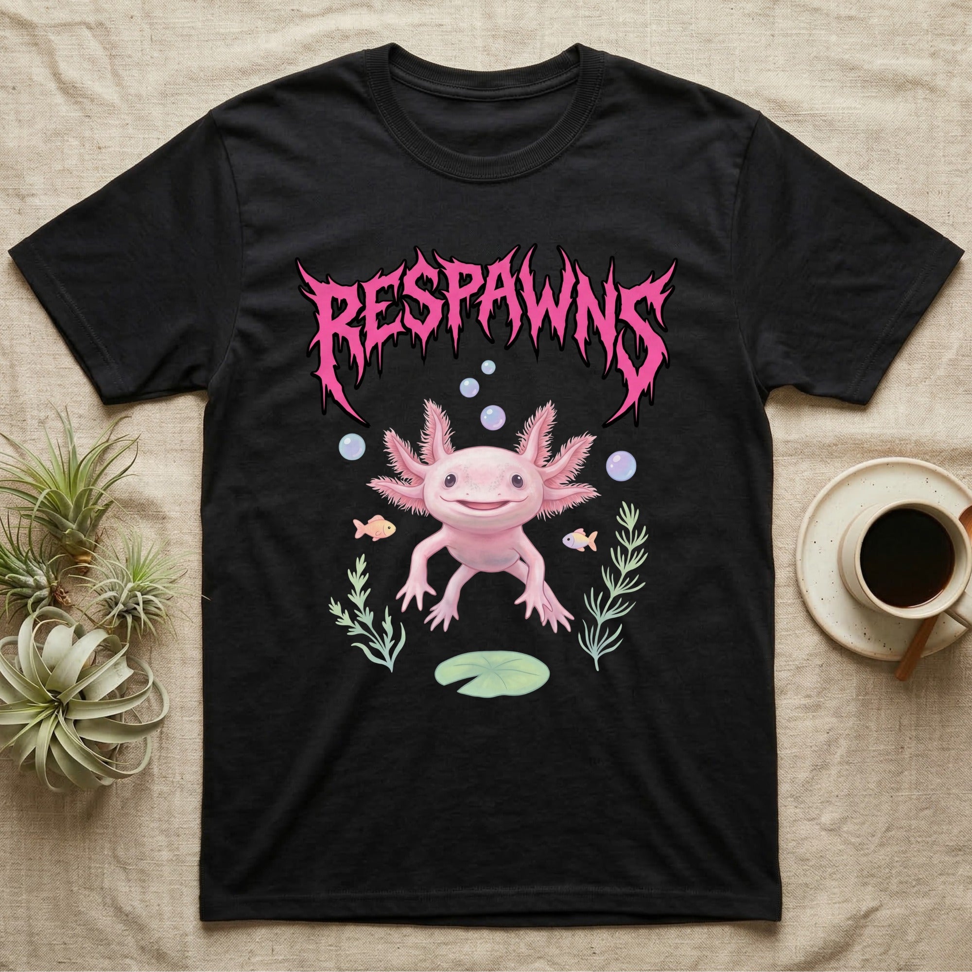 Axolotl Feral T-Shirt in Black — Smiling pink axolotl floating in a pastel underwater scene under a spiky hot-pink metal wordmark reading RESPAWNS.