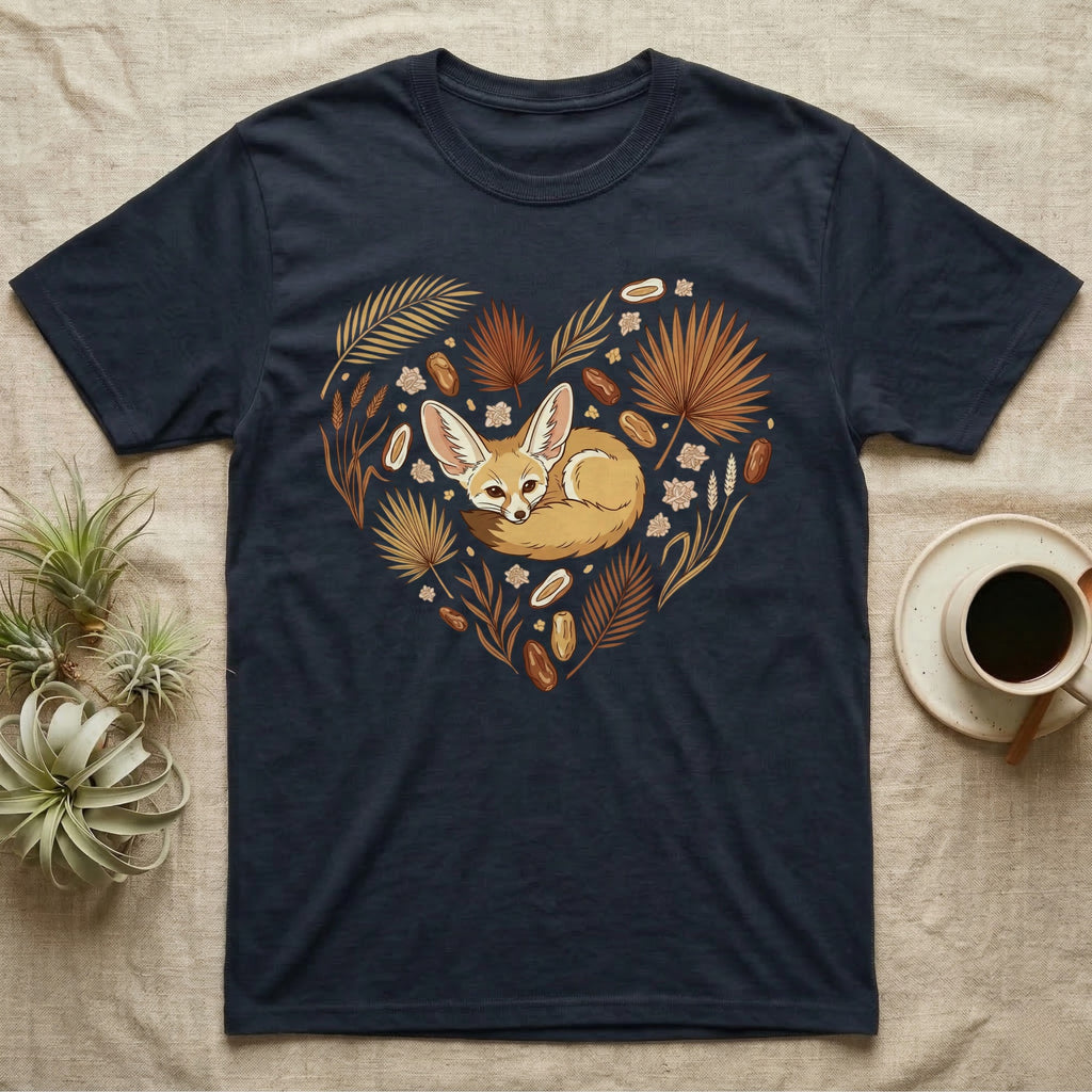 Navy t-shirt with a heart-shaped design featuring a fennec fox and floral elements.