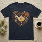 Navy t-shirt with a heart-shaped design featuring a fennec fox and floral elements.