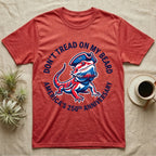 Bearded Dragon Don't Tread T-Shirt in Heather Red — Pop-art red-white-blue bearded dragon in a tricorn hat inside a ring reading Don't Tread On My Beard.