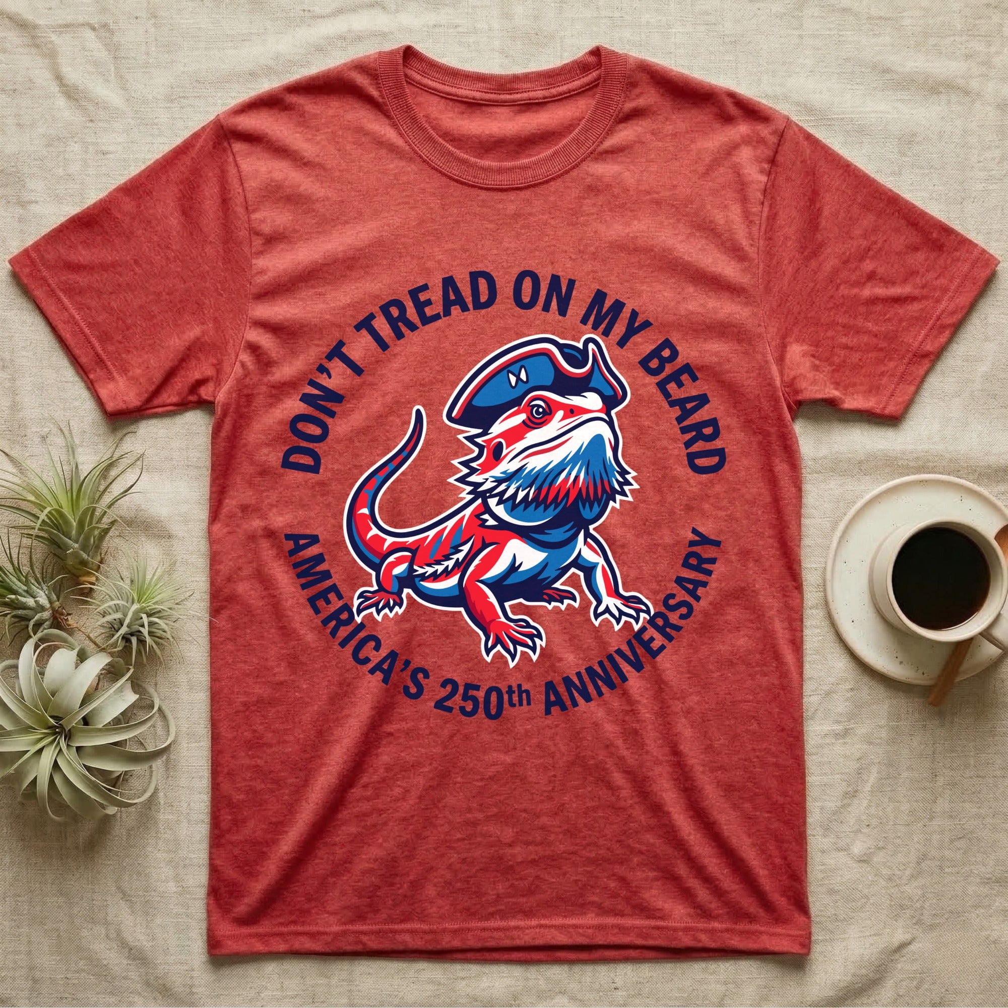 Bearded Dragon Don't Tread T-Shirt in Heather Red — Pop-art red-white-blue bearded dragon in a tricorn hat inside a ring reading Don't Tread On My Beard.