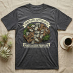 Dairy Cow Isopod Substrate Specialists T-Shirt in Dark Heather — Vintage print of a dairy cow isopod colony on a mossy soil clod between "Substrate Specialists" banners.