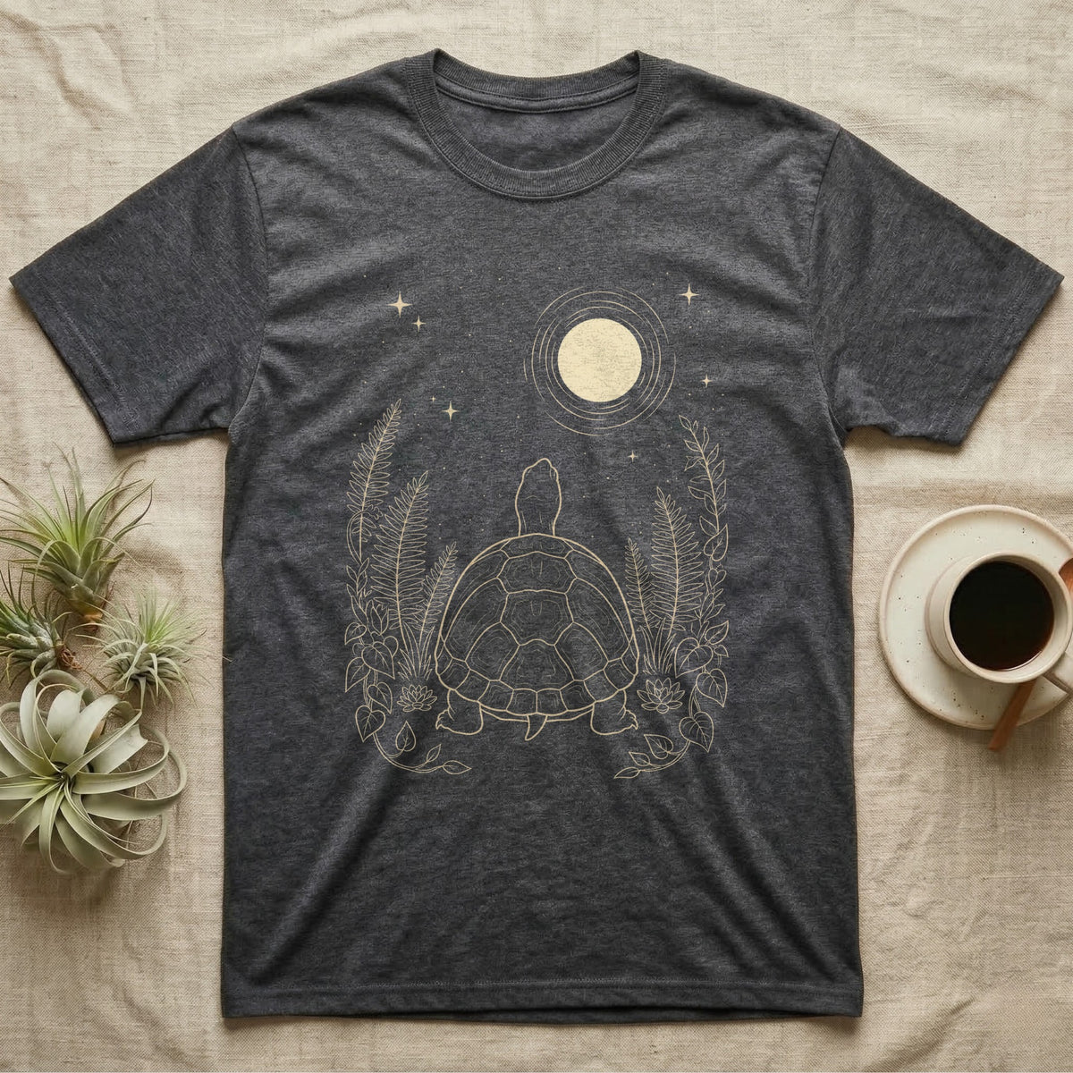 Eastern Box Turtle Moon T-Shirt in Dark Heather — Warm-bone line drawing of an Eastern box turtle from behind gazing at a moon among ferns on grey