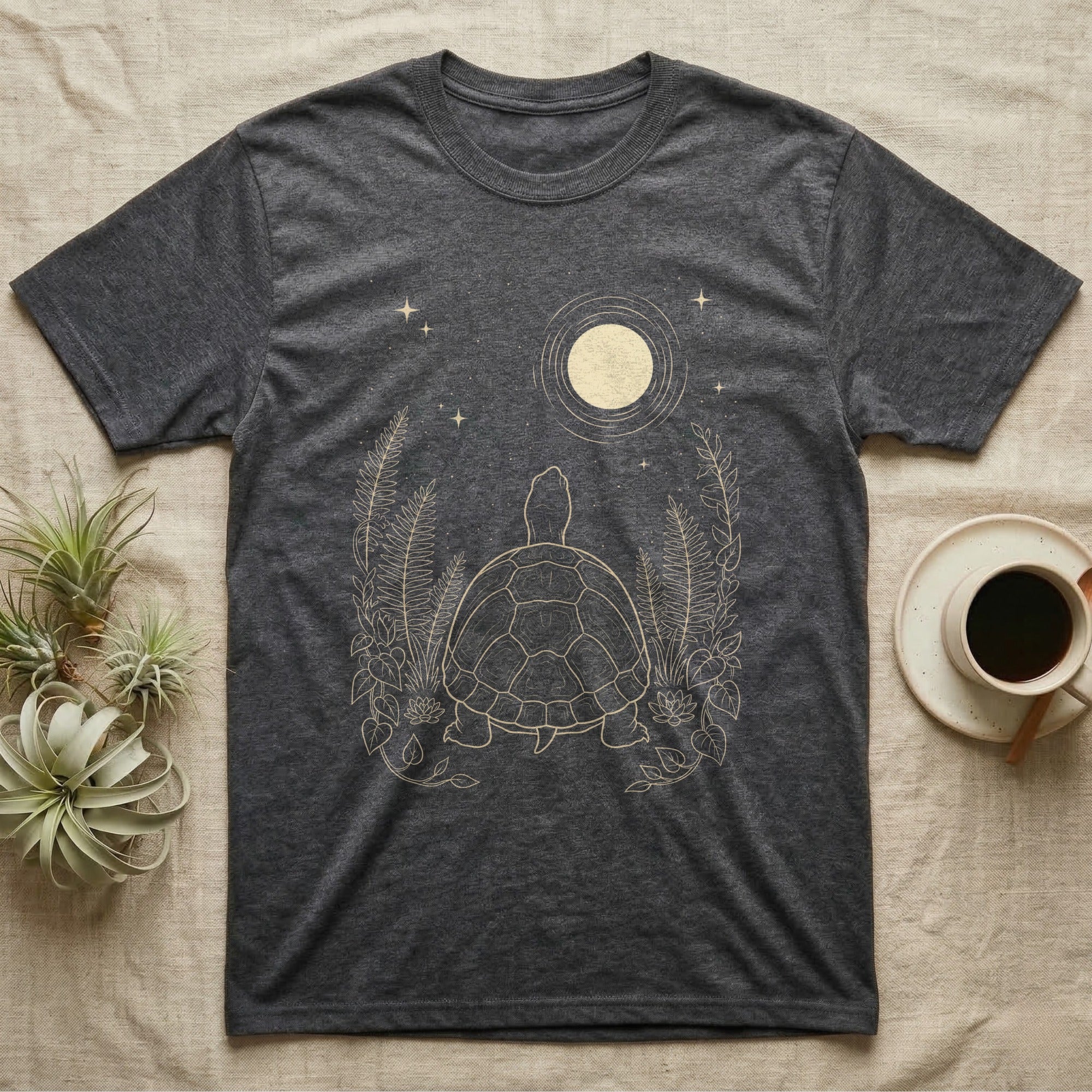 Eastern Box Turtle Moon T-Shirt in Dark Heather — Warm-bone line drawing of an Eastern box turtle from behind gazing at a moon among ferns on grey