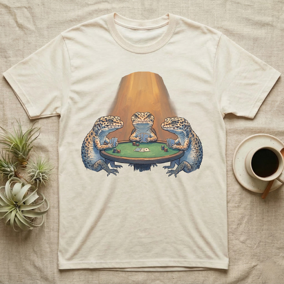 Leopard Gecko Poker T-Shirt in Natural — Vintage oil-painting tableau of three leopard geckos playing poker around a green-felt table in warm amber light.