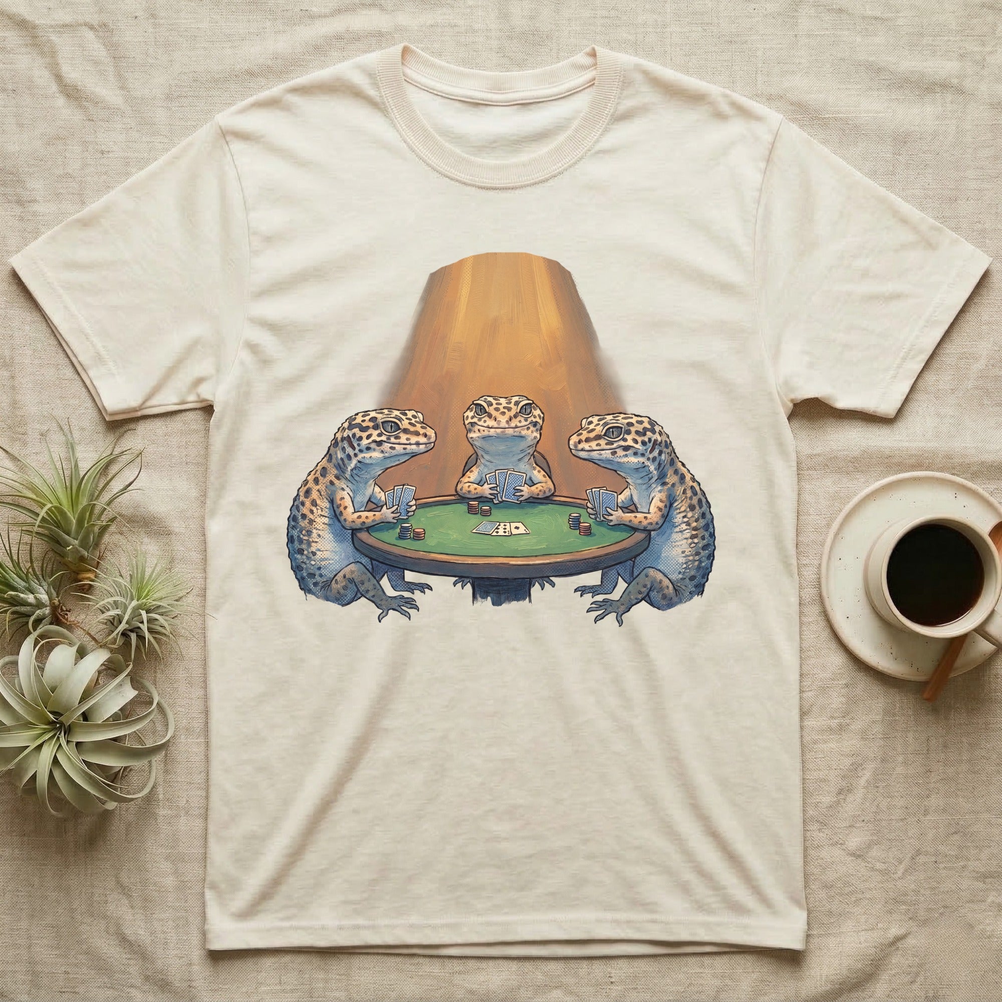 Leopard Gecko Poker T-Shirt in Natural — Vintage oil-painting tableau of three leopard geckos playing poker around a green-felt table in warm amber light.