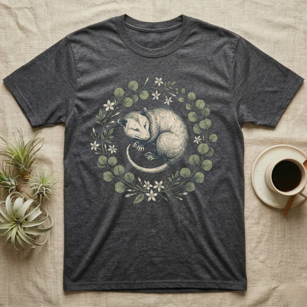 Dark grey t-shirt with sleeping opossum in floral wreath design.