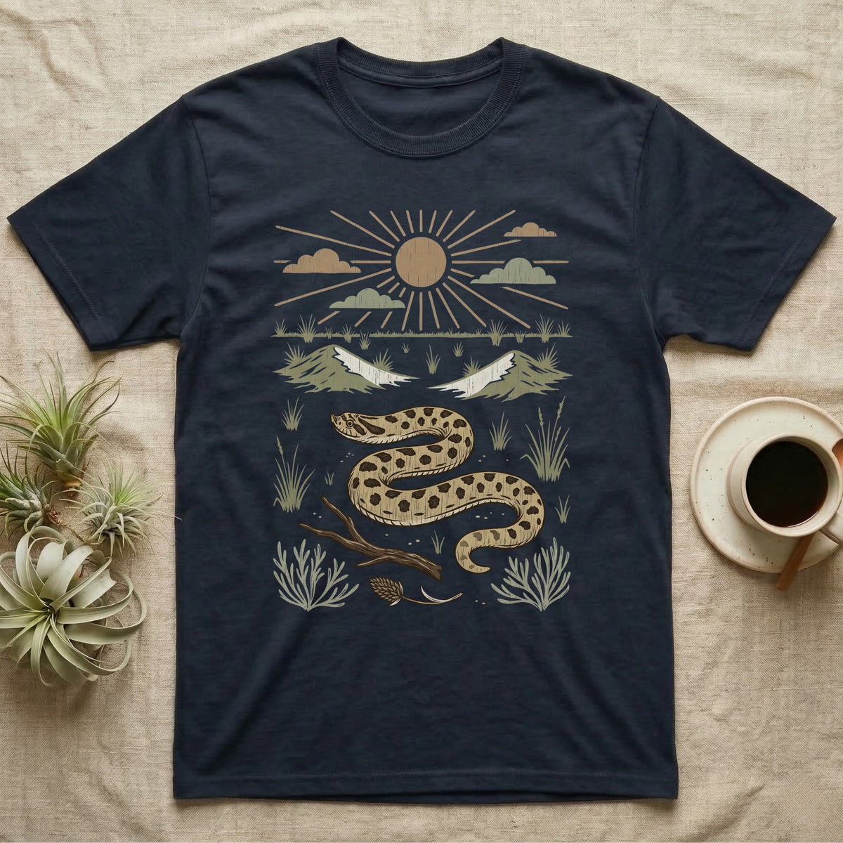 Western Hognose Home Range T-Shirt in Navy — Woodcut-style illustration of a western hognose snake nosing through sand with dunes and sagebrush behind, no on-shirt text.
