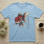 Light blue t-shirt with red and white oranda goldfish graphic.
