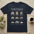Tortoise Species Chart T-Shirt in Navy — Watercolour chart of nine named tortoise species under a cream serif Tortoises title on charcoal grey