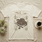 Ball Python Home Range T-Shirt in Natural — Woodcut-style illustration of a ball python coiled on dry savanna ground with grass tufts and termite mounds behind, no on-shirt text.
