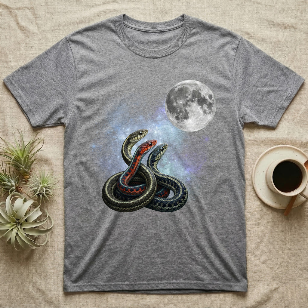 Garter Snake Moon Howl T-Shirt in Sport Grey — Three Garter Snake colour morphs howling at a full moon over a nebula on a dark grey t-shirt.