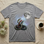 Garter Snake Moon Howl T-Shirt in Sport Grey — Three Garter Snake colour morphs howling at a full moon over a nebula on a dark grey t-shirt.