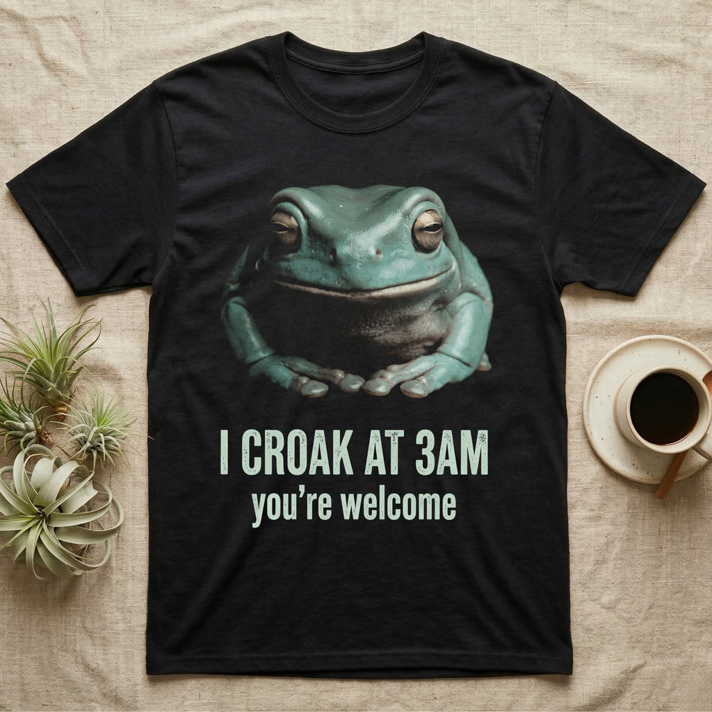 Deadpan photographic mugshot of a White's tree frog seated with folded hands above the distressed text I Croak At 3AM, you're welcome. — shown on a Black tee.