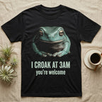 Deadpan photographic mugshot of a White's tree frog seated with folded hands above the distressed text I Croak At 3AM, you're welcome. — shown on a Black tee.
