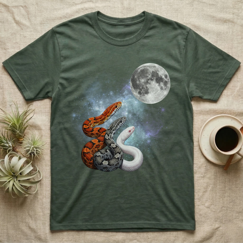Corn Snake Moon Howl T-Shirt in Military Green — Three Corn Snake colour morphs howling at a full moon over a nebula on a dark grey t-shirt.