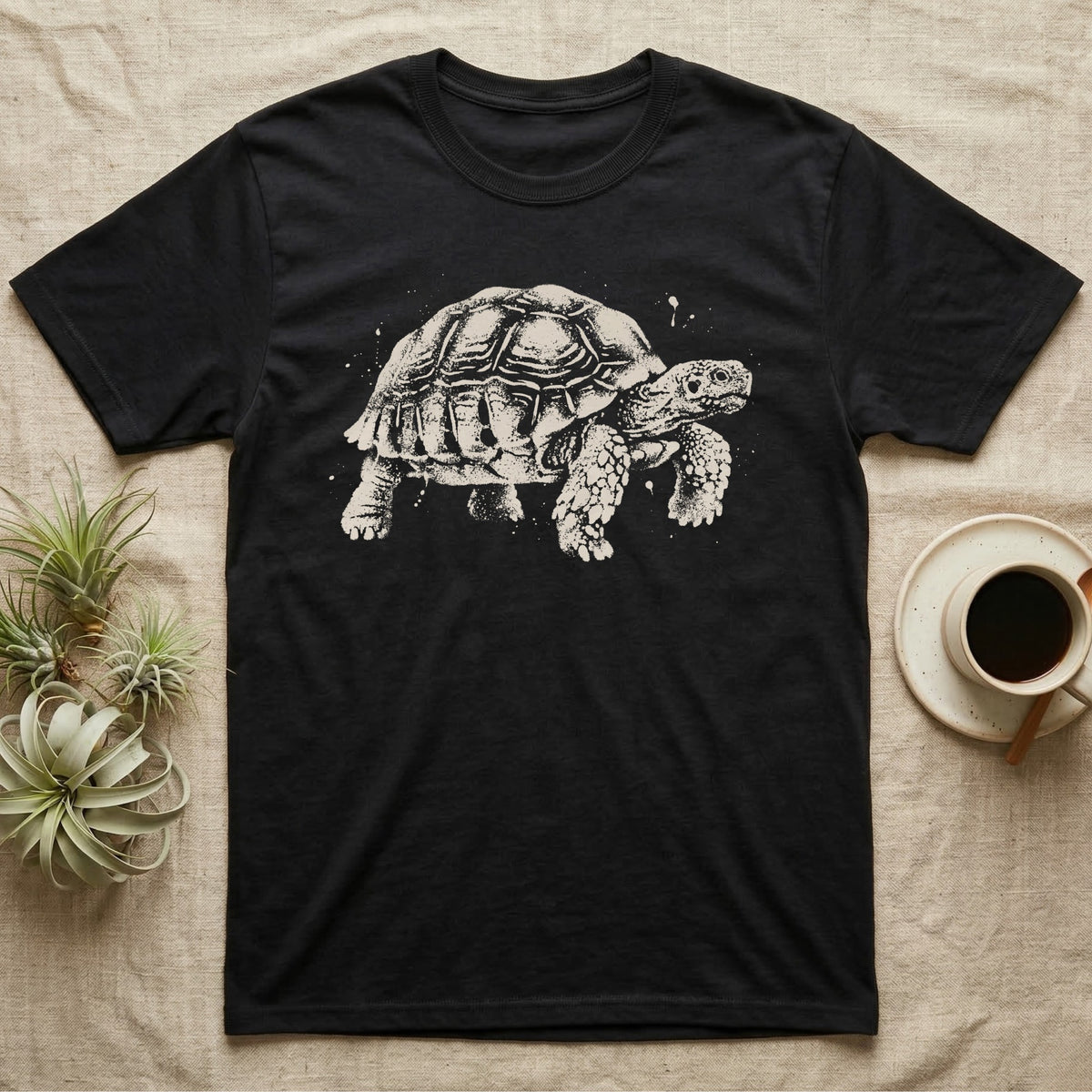 Sulcata Bleach Spatter T-Shirt in Black — Sulcata tortoise marching to the right, head up and one scaly front leg mid-step, formed from pale bleach spatter on black.