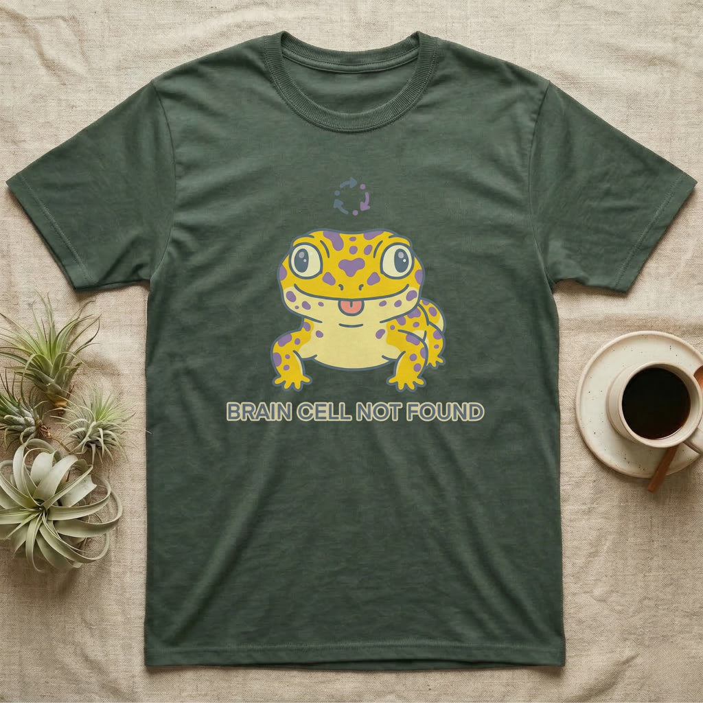 Green t-shirt with cartoon leopard gecko saying "BRAIN CELL NOT FOUND".