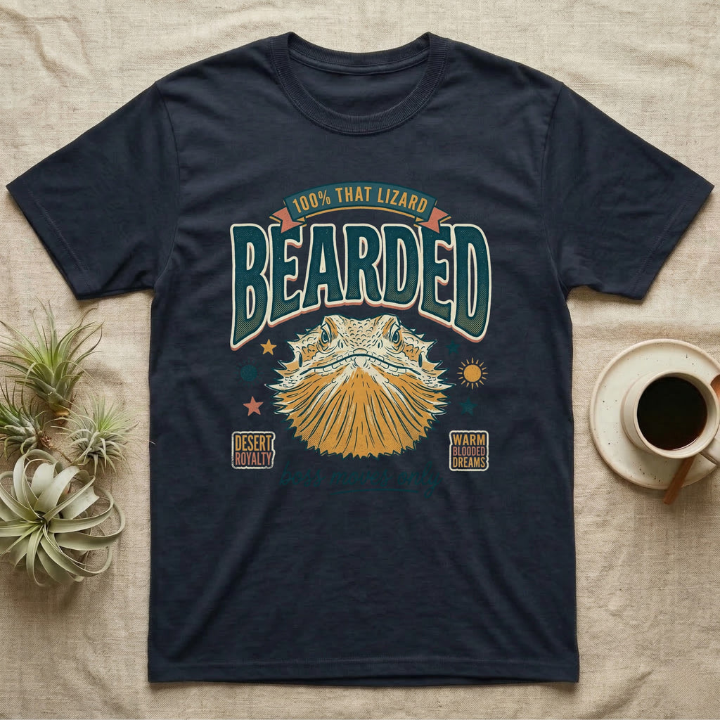 Dark t-shirt with vintage "100% THAT LIZARD" design featuring a bearded dragon.