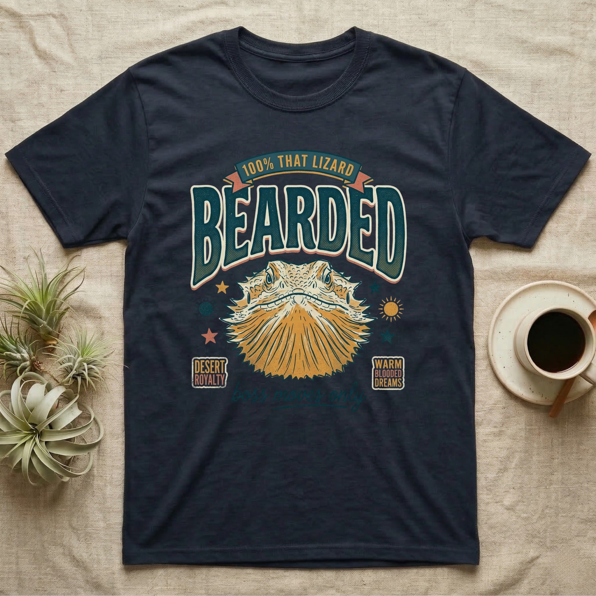 Dark t-shirt with vintage "100% THAT LIZARD" design featuring a bearded dragon.