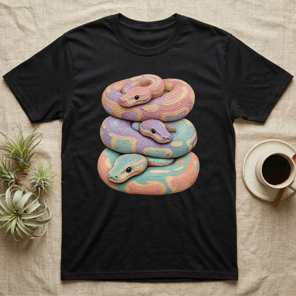 Black t-shirt with pastel snakes stacked on top of each other.