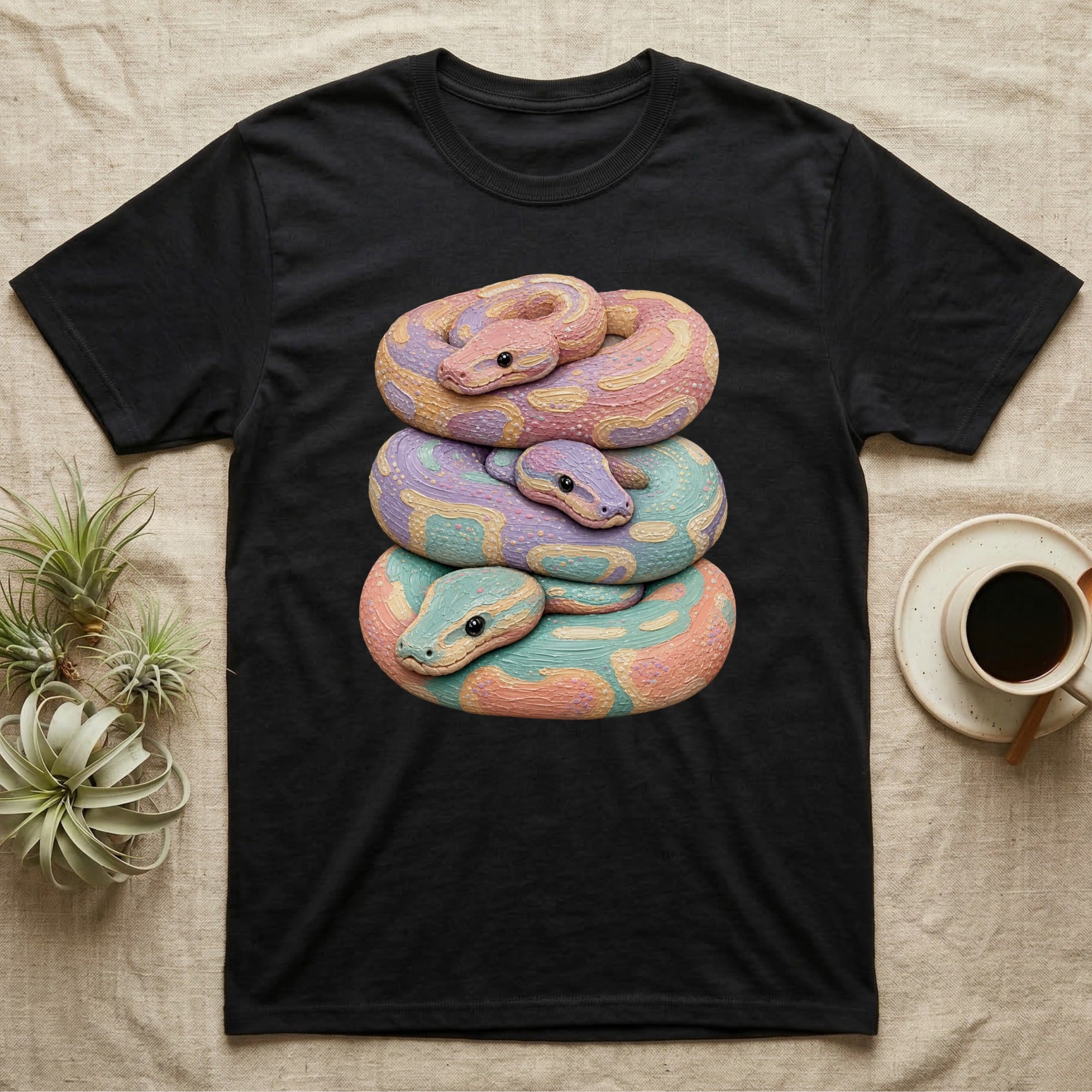 Black t-shirt with pastel snakes stacked on top of each other.