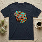 Dark t-shirt with geometric bearded dragon head design.