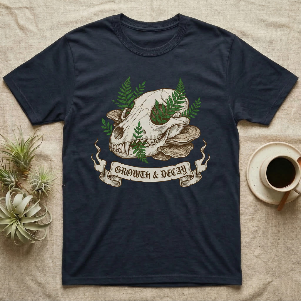 Dark t-shirt with skull, mushrooms, and ferns, text "Growth & Decay".