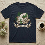 Dark t-shirt with skull, mushrooms, and ferns, text "Growth & Decay".