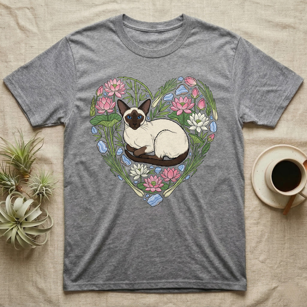 Grey t-shirt with Siamese cat and lotus flower heart design.