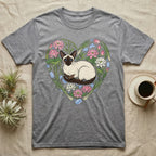 Grey t-shirt with Siamese cat and lotus flower heart design.